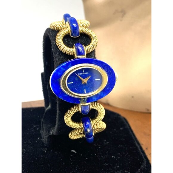 Longines Women's Watch Blue Lapis 18k Yellow Gold Vintage Swiss Hand Wind 27mm - Picture 13 of 14